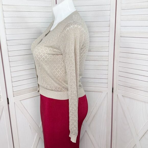 MNG Mango Pointelle Metallic Shimmer Button Up Cardigan Sweater Tan Gold Large - Picture 2 of 12